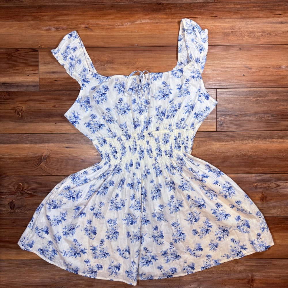 GAP Blue Floral Smocked Waist Cotton Mini Dress XL Tall NWT 717638-00-1